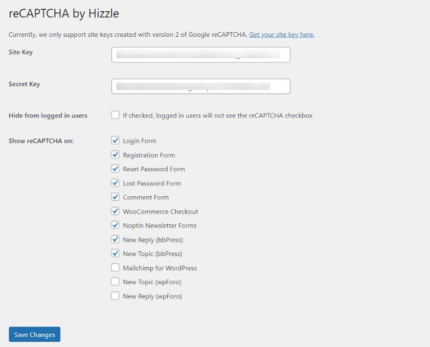 WordPress reset password form Google reCAPTCHA.