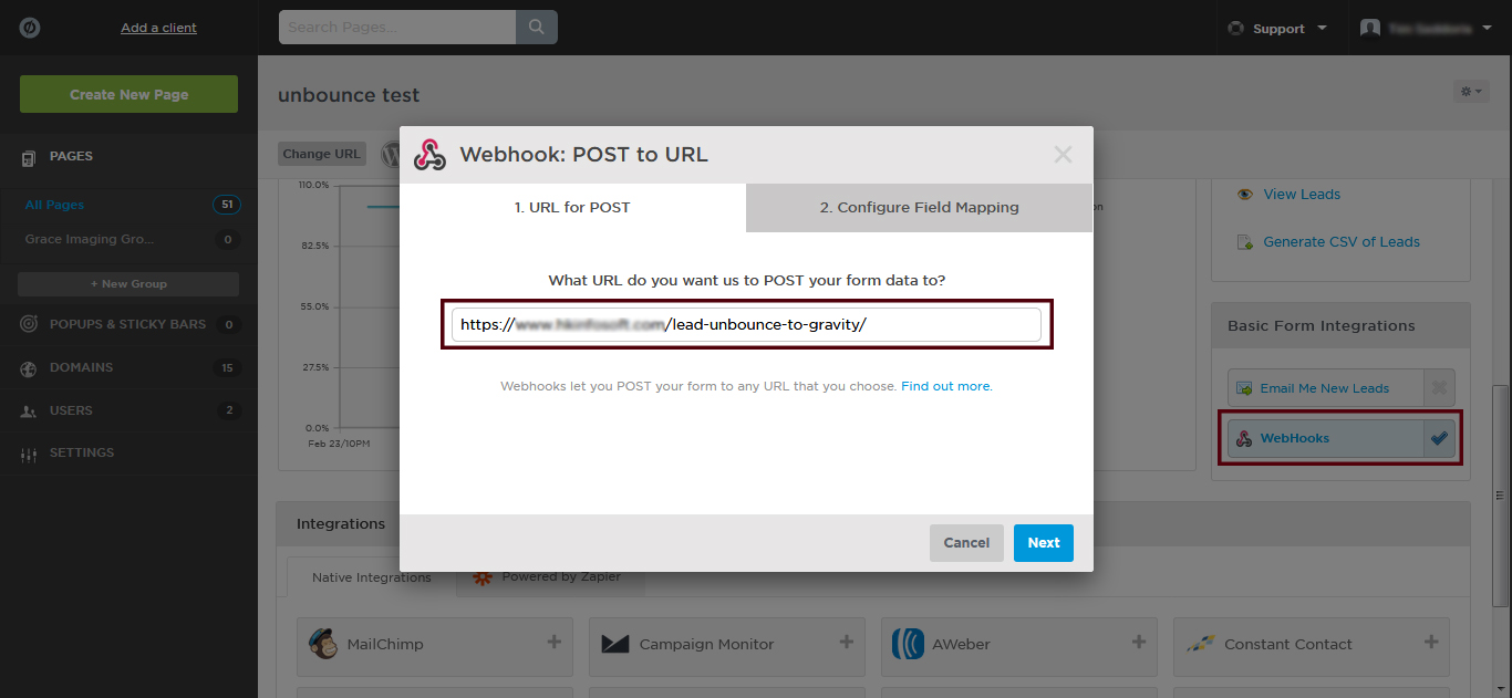 Unbounce Dashboard: WebHook URL setup.
