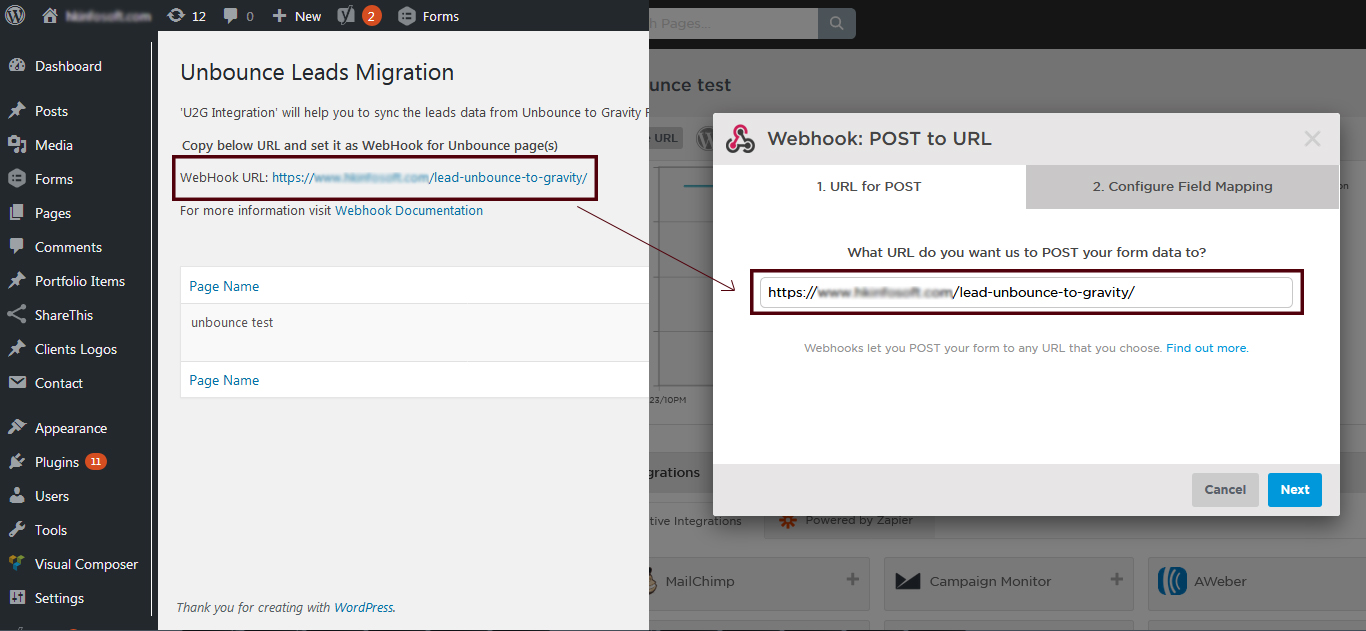 WebHook URL Integration: Example of WebHook URL setup to specific Unbounce Landing page.