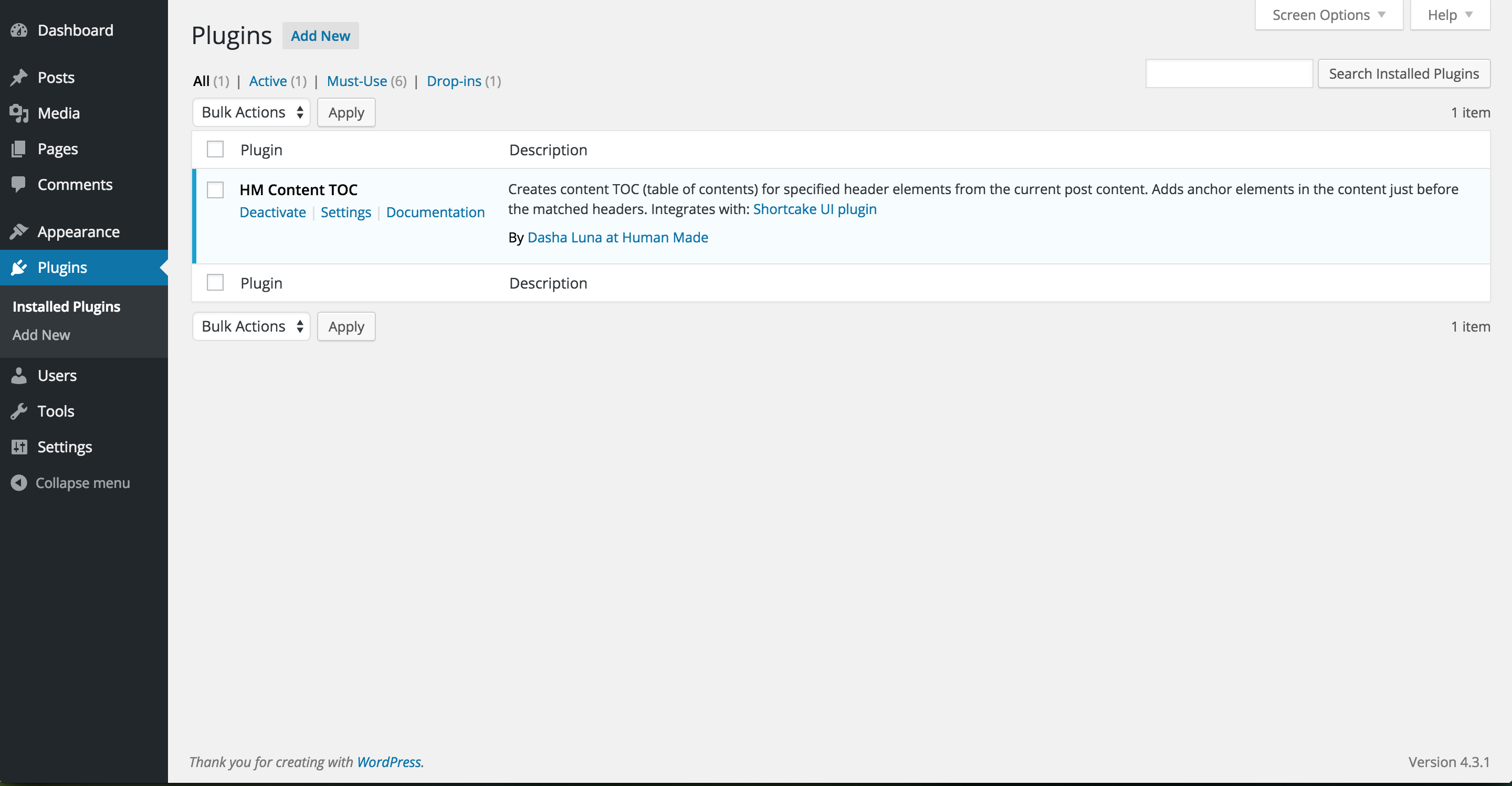 WordPress Admin: Plugins page - a summary of the plugin with quick action links to plugin's Settings and [Documentation on github webiste](https://github.com/dashaluna/hm-content-toc#readme).