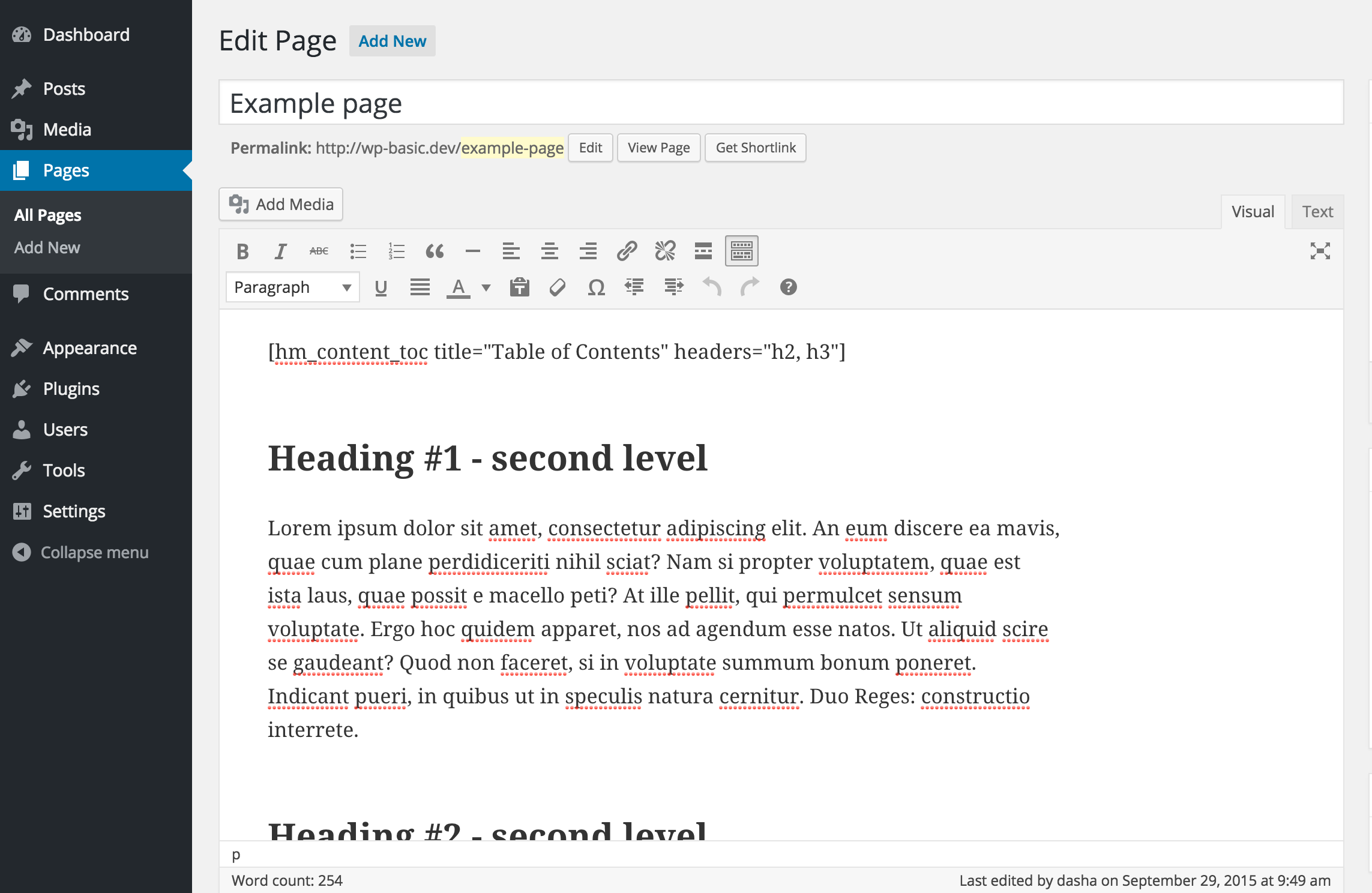 WordPress Admin: Pages - example of a page that uses `[hm_content_toc]` shortcode with its attributes, to specify title that appears before TOC and HTML element names used to generate the TOC.