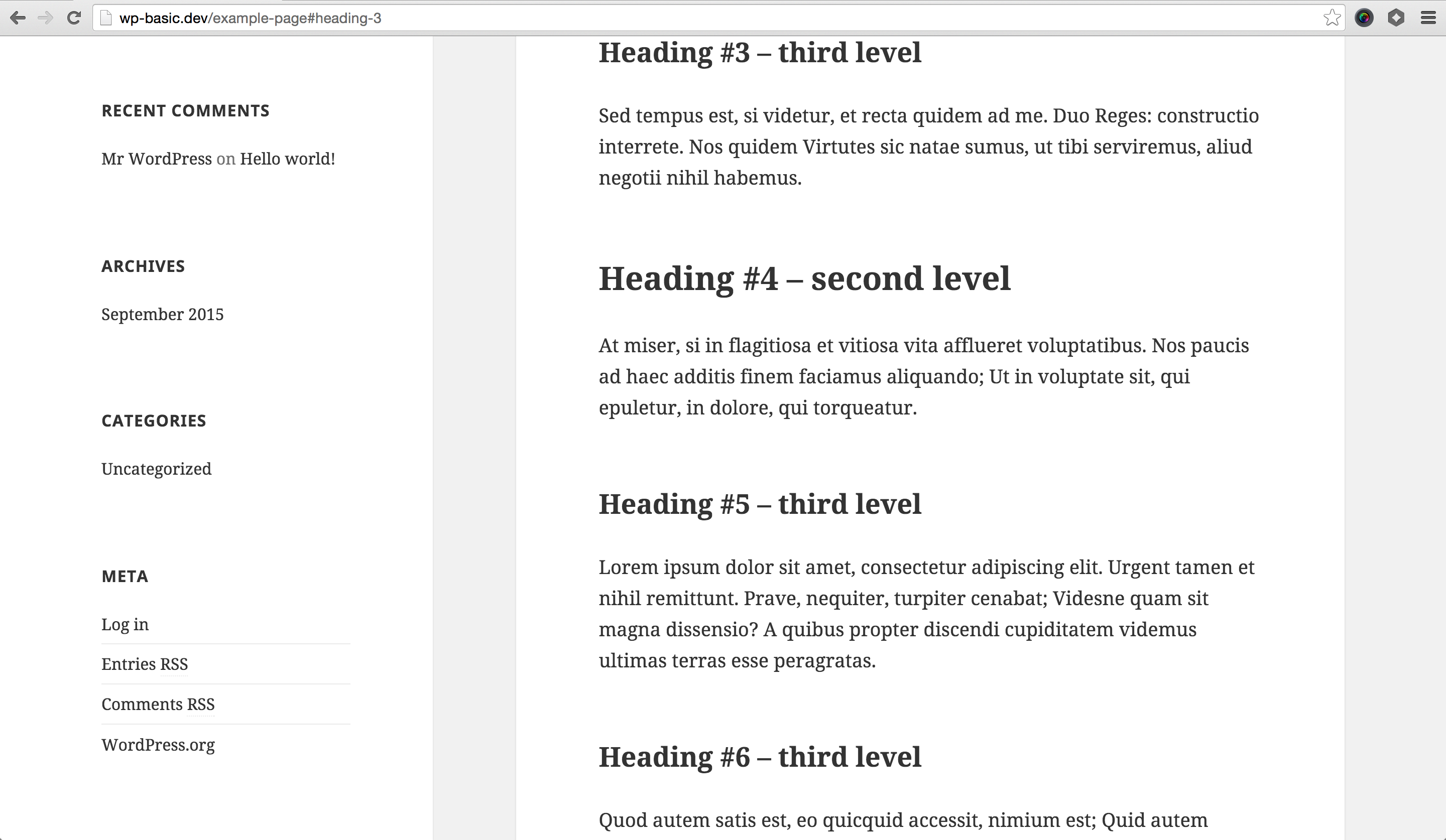 Main website: Example of a page when a link from the TOC is clicked. In this case, the `Heading #3 - third level` link from the TOC is clicked, a visitor is taken to that heading within the page content. The URL uses an anchor that has been inserted before the heading in the page content.