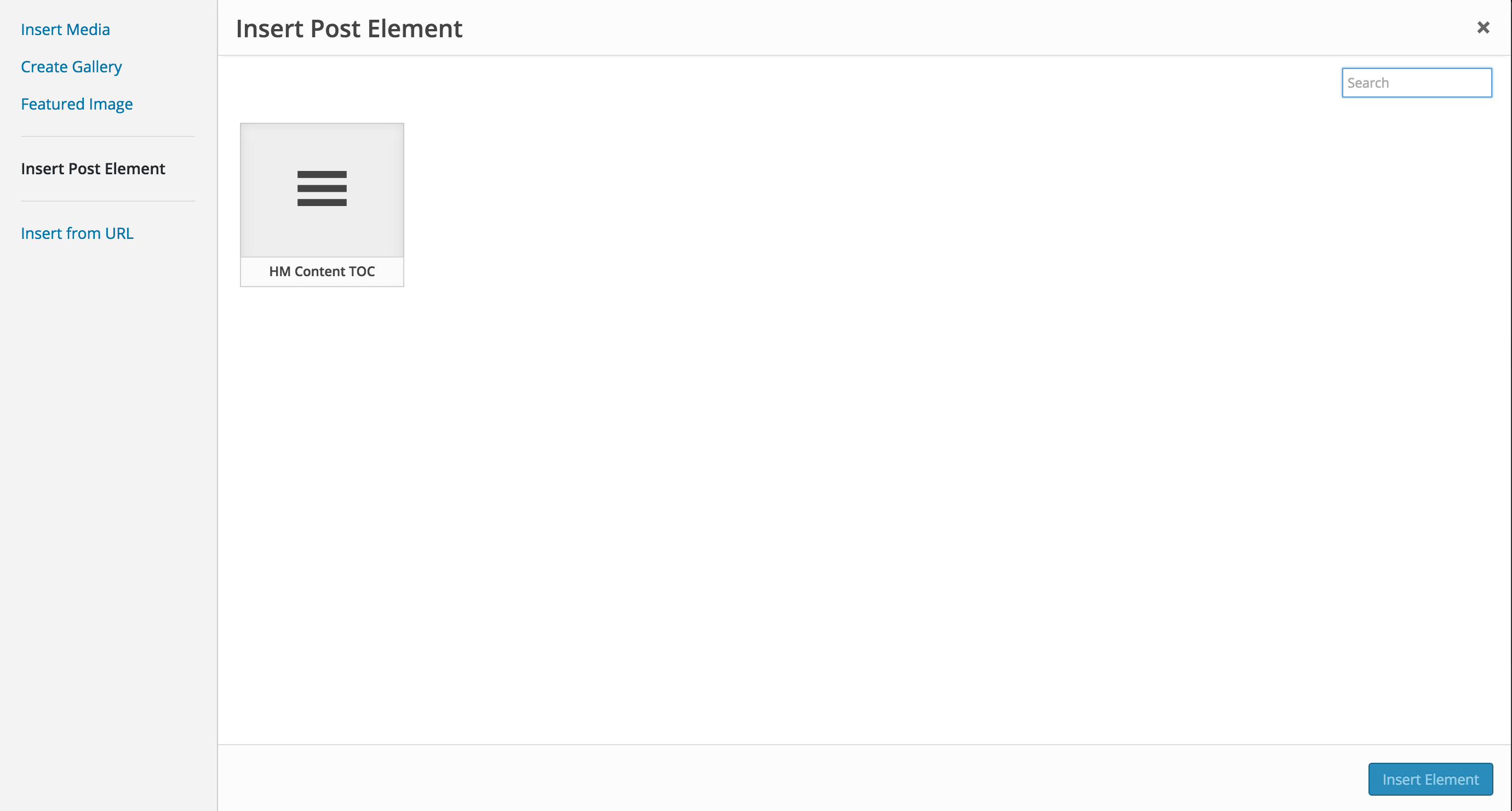 WordPress Admin: Integration with Shortcake UI - the view when `Add Media` button is clicked. The `Insert Post Element` tab lists all registered shortcodes with Shortcake. The `HM Content TOC` is present to be inserted into post/page content.