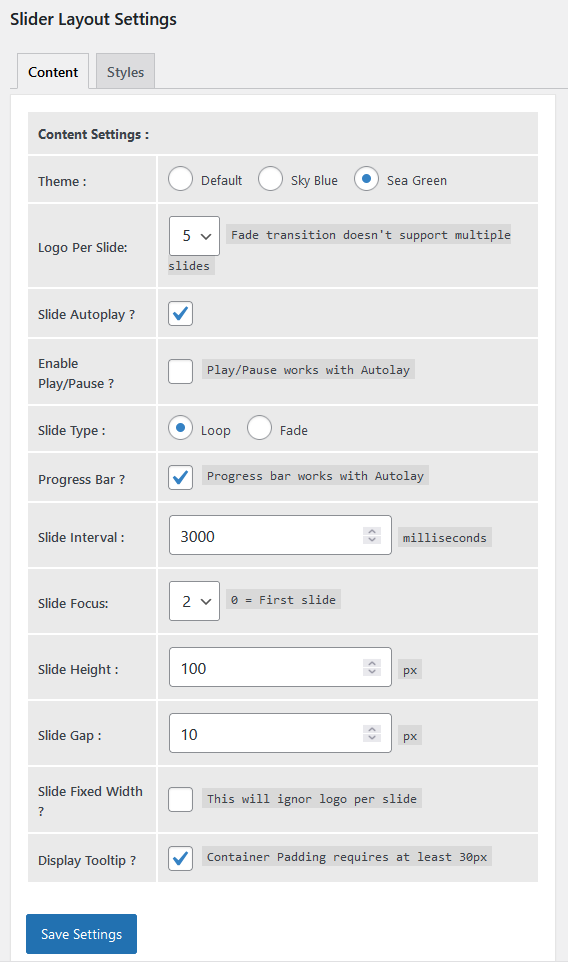 Slider Content Settings Page