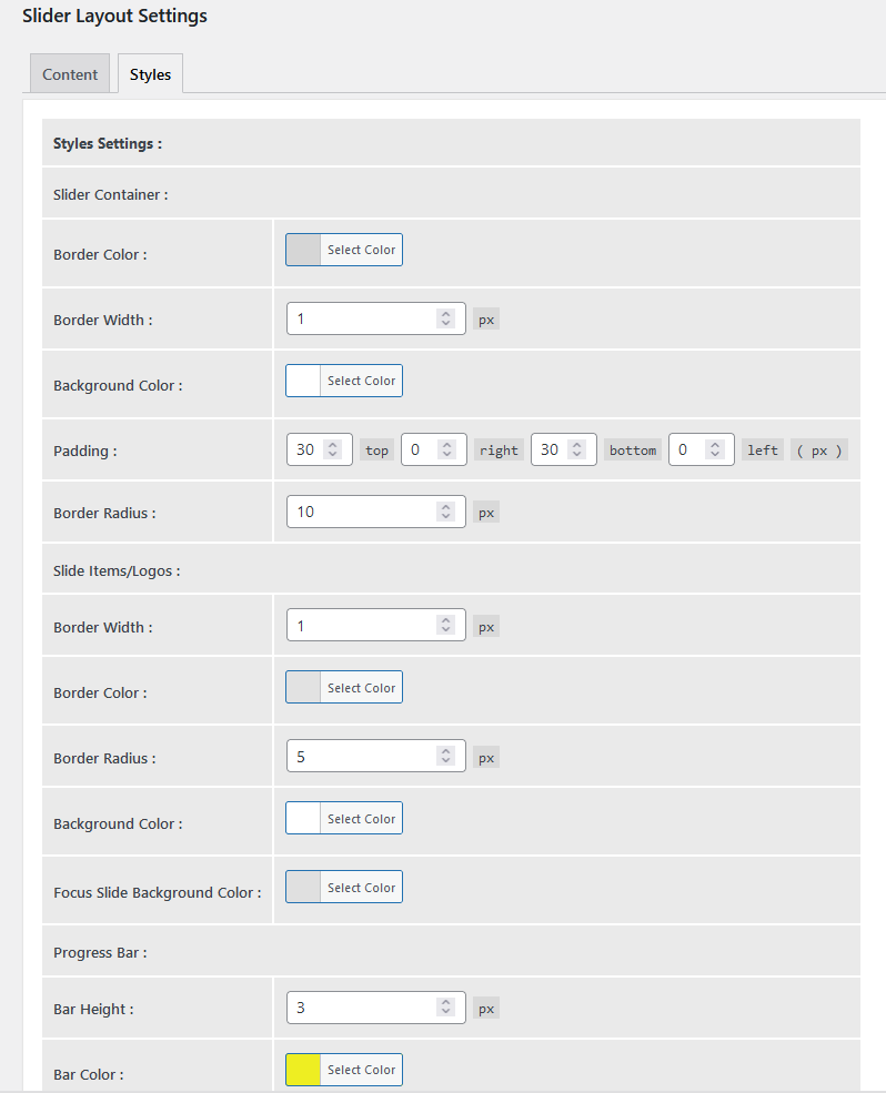 Slider Styles Settings Page