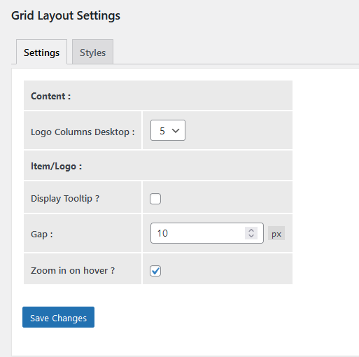 Grid Content Settings Page