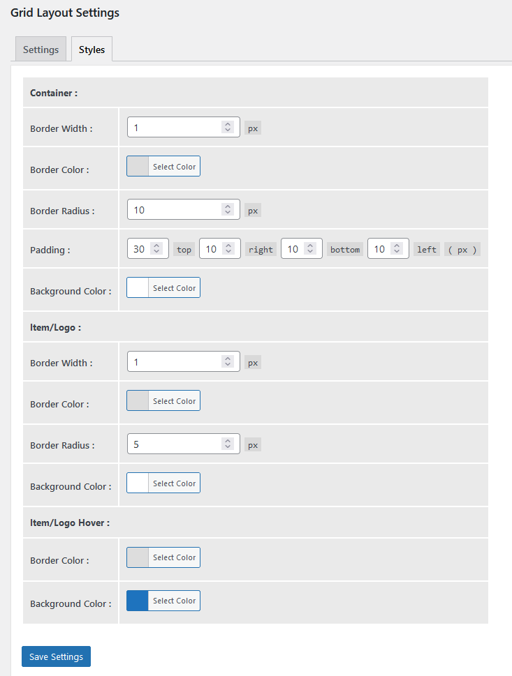 Grid Styles Settings Page