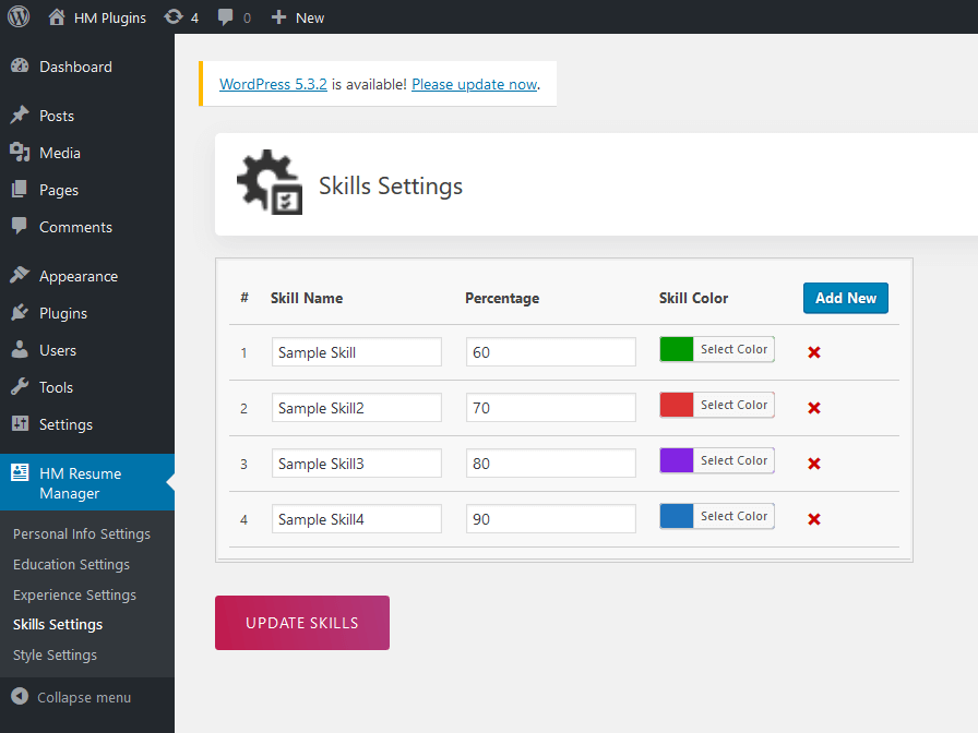 Skills settings panel