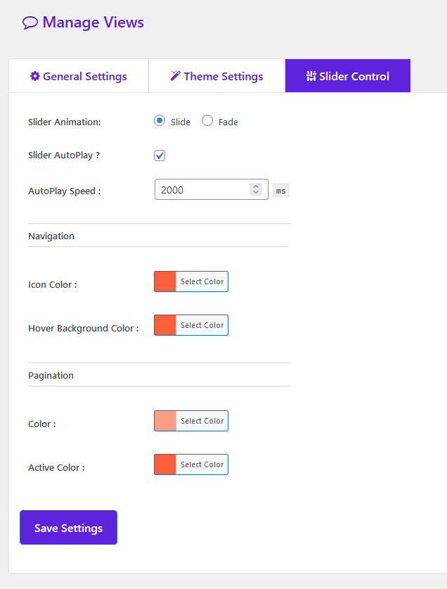 Slider Settings Admin Page