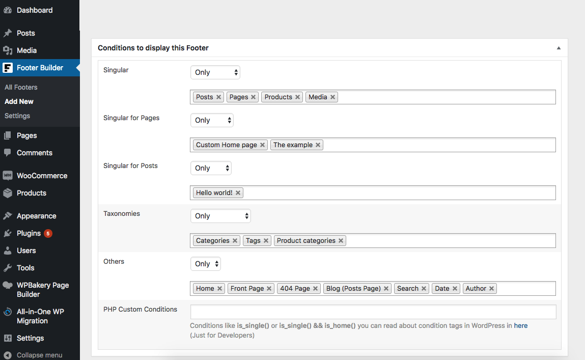 Conditions to display footer
