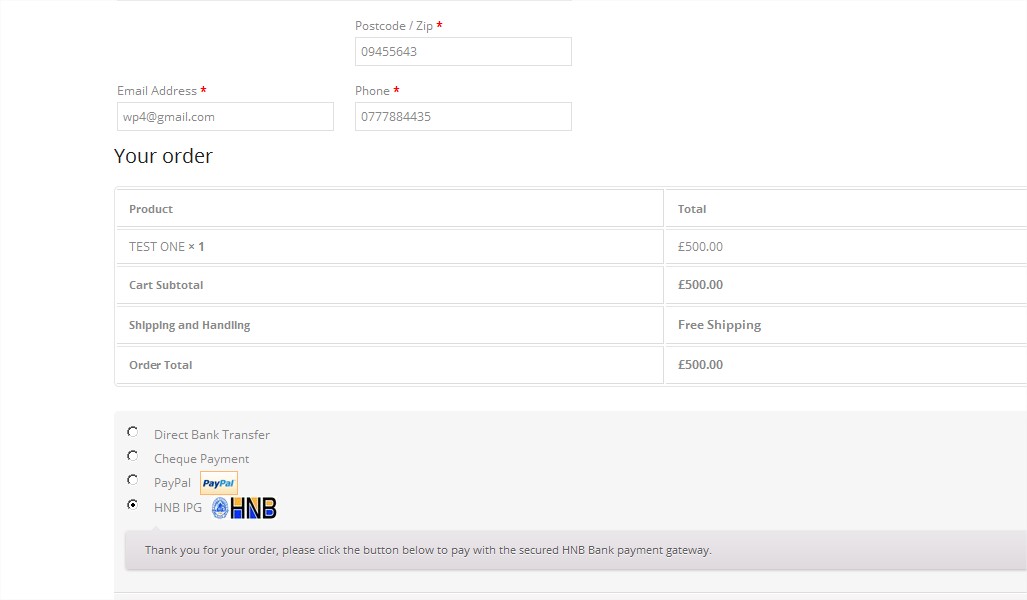 Displayed above are the "Checkout Page" payment options, inclusive of HNB IPG, offered to users for selection.