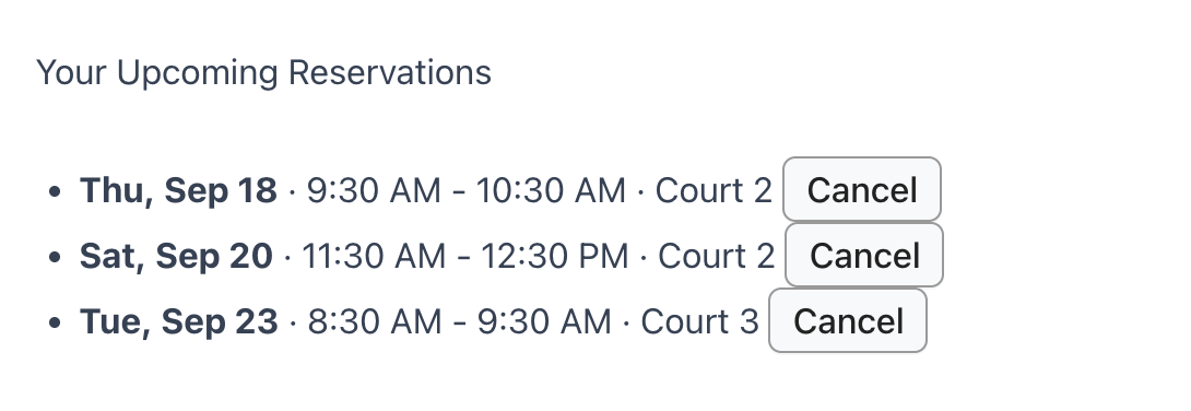 Member view of upcoming reservations.