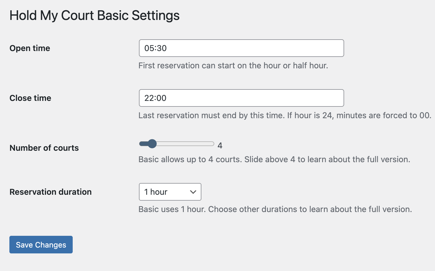 Example configuration screen for adding multiple courts.