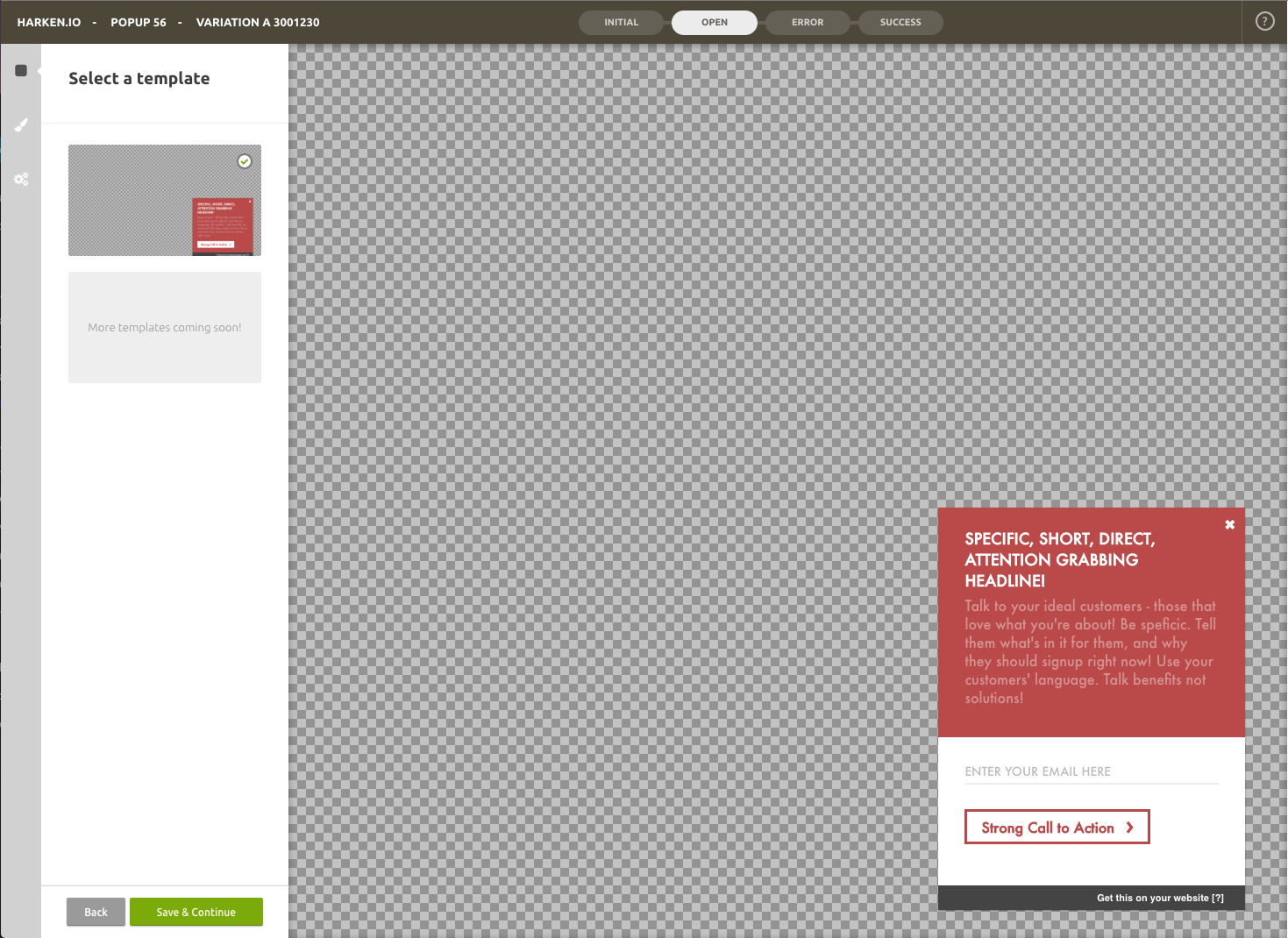 Configuring the initial stage of a full page overlay popup.