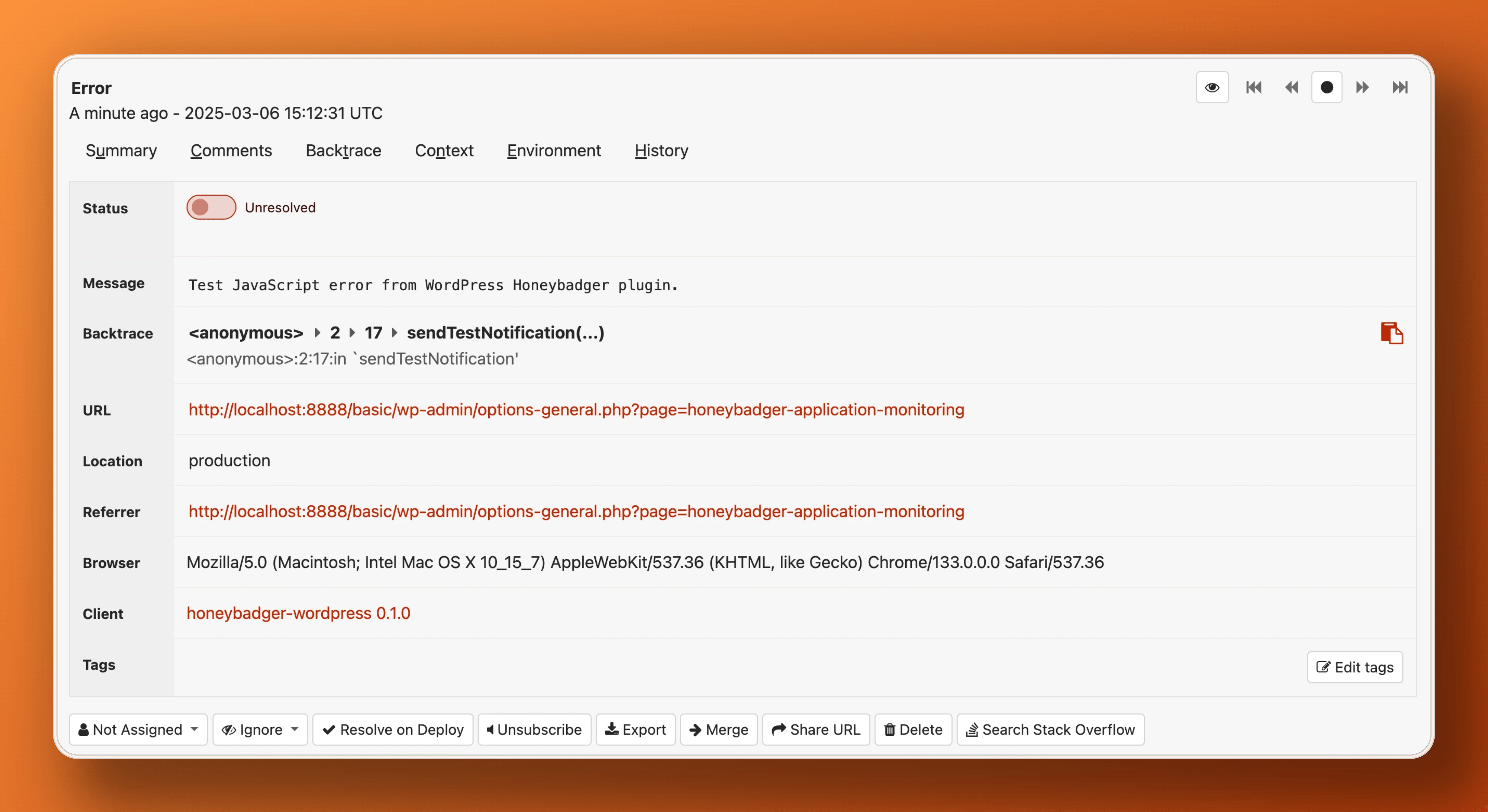 **JS Error Reporting** - Example of a JavaScript exception reported to Honeybadger.