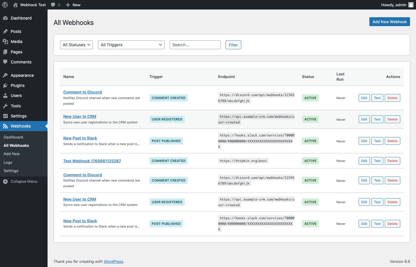 Webhook List - All webhooks with status indicators, triggers, and quick actions