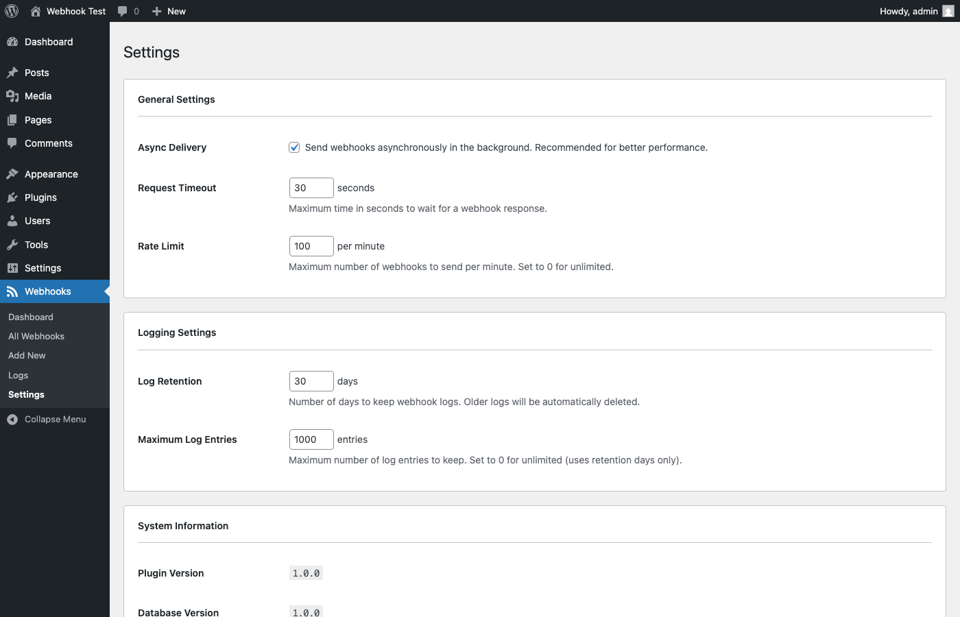 Settings - Configure async delivery, timeouts, rate limits, and log retention