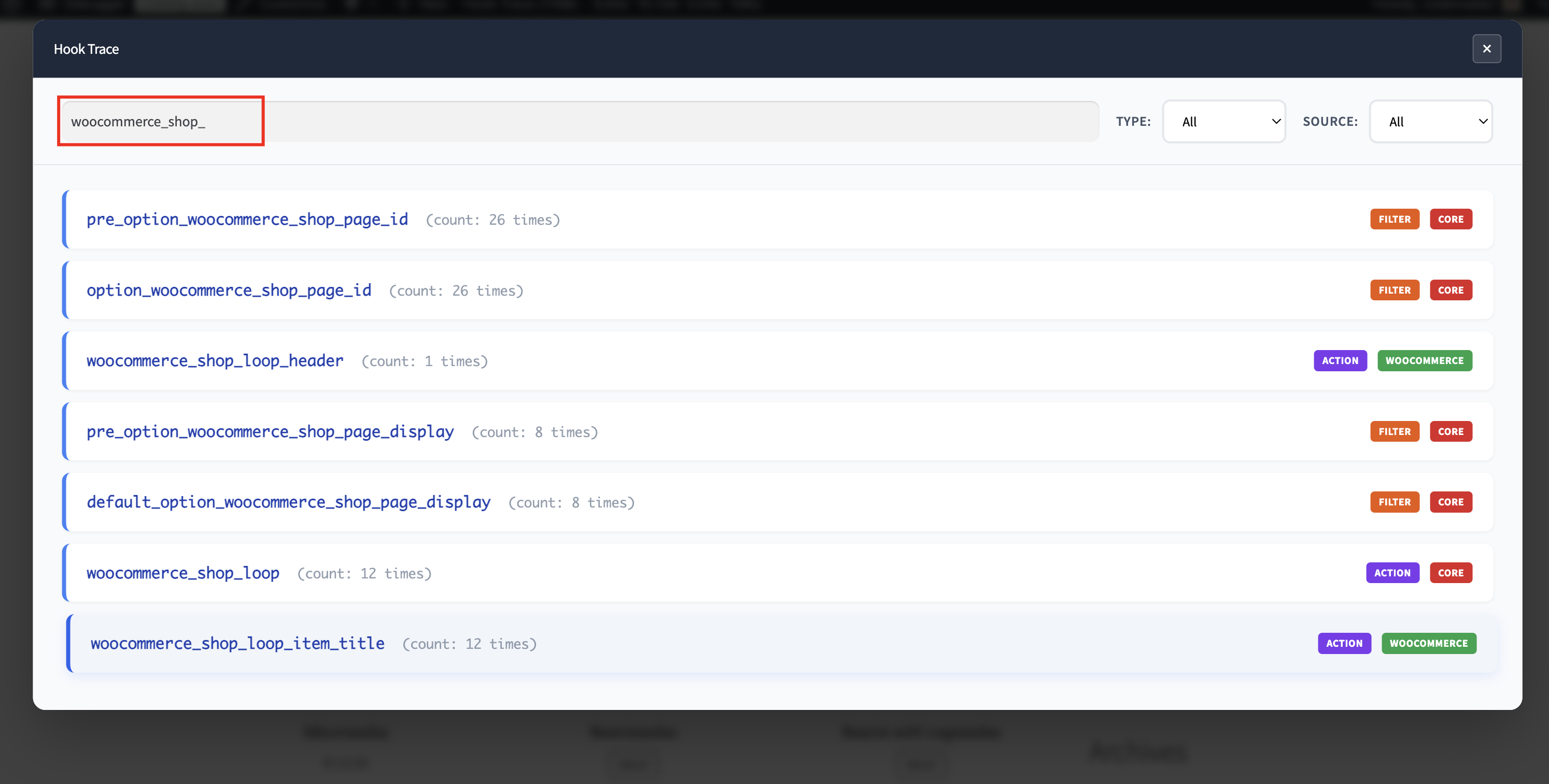 Color-coded badges indicating source (core/theme/plugin) and type (action/filter)