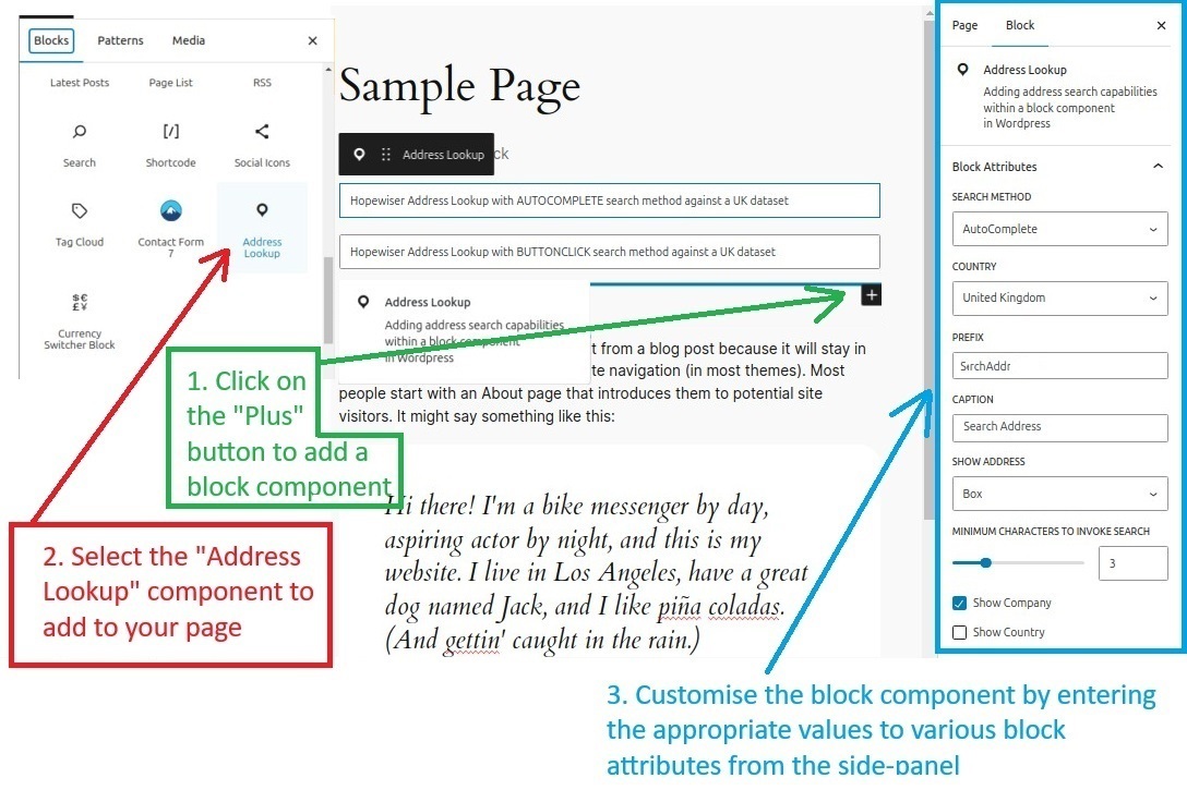 Hopewiser Address Lookup Search block attributes configuraton information