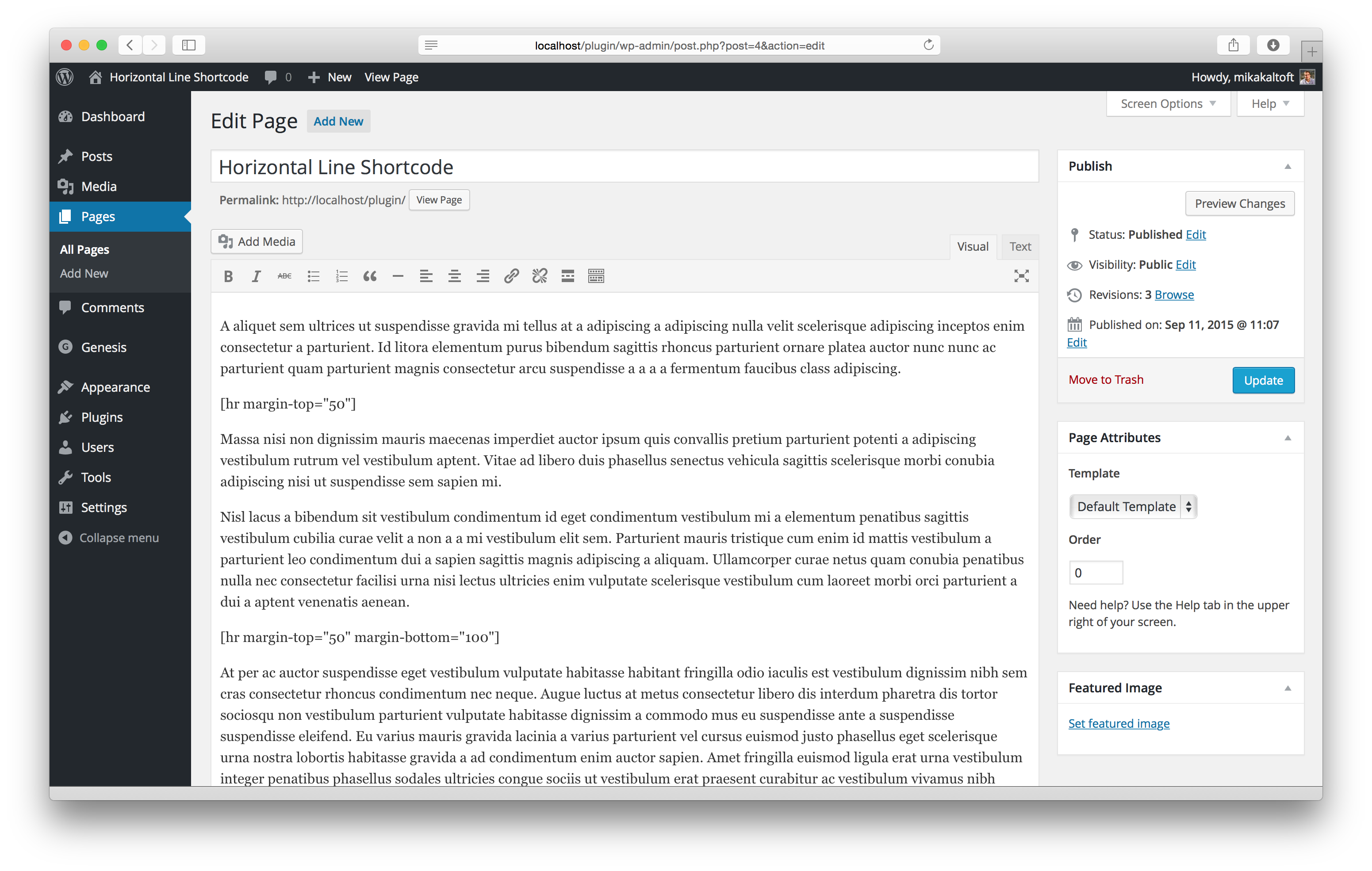 Post or page with the [hr] shortcode with parameters within the text.