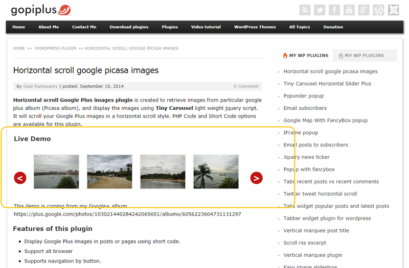 Front Page. http://www.gopiplus.com/work/2014/09/10/horizontal-scroll-google-picasa-images-wordpress-plugin/