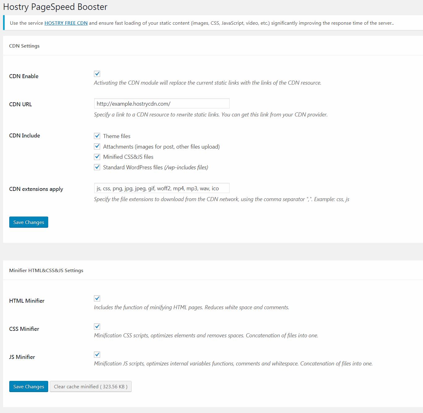 Hostry PageSpeed Booster - Settings page