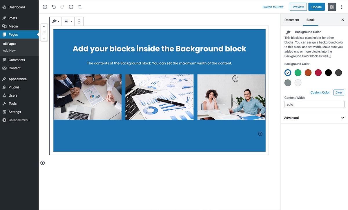 Background block - select background color and insert your blocks inside