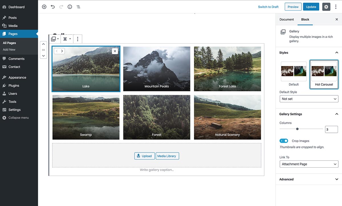 Carousel style - Select carousel style in Latest Posts or Gallery core blocks to transform the output into a carousel