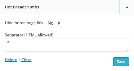Screen shot of the Hot Breadcrumbs widget parameters.