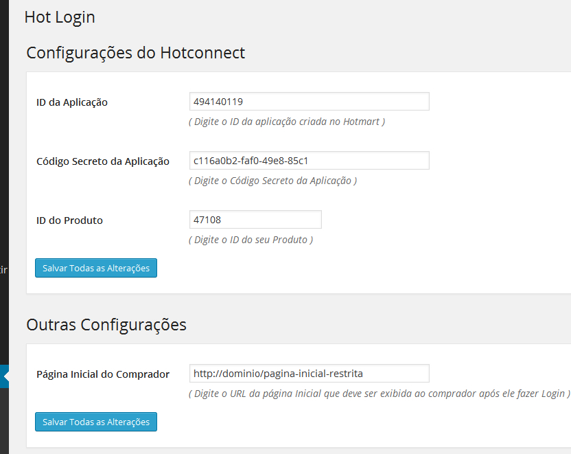 Página de Opções do Plugin