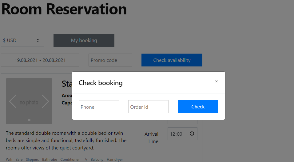 Modal window check your reservation