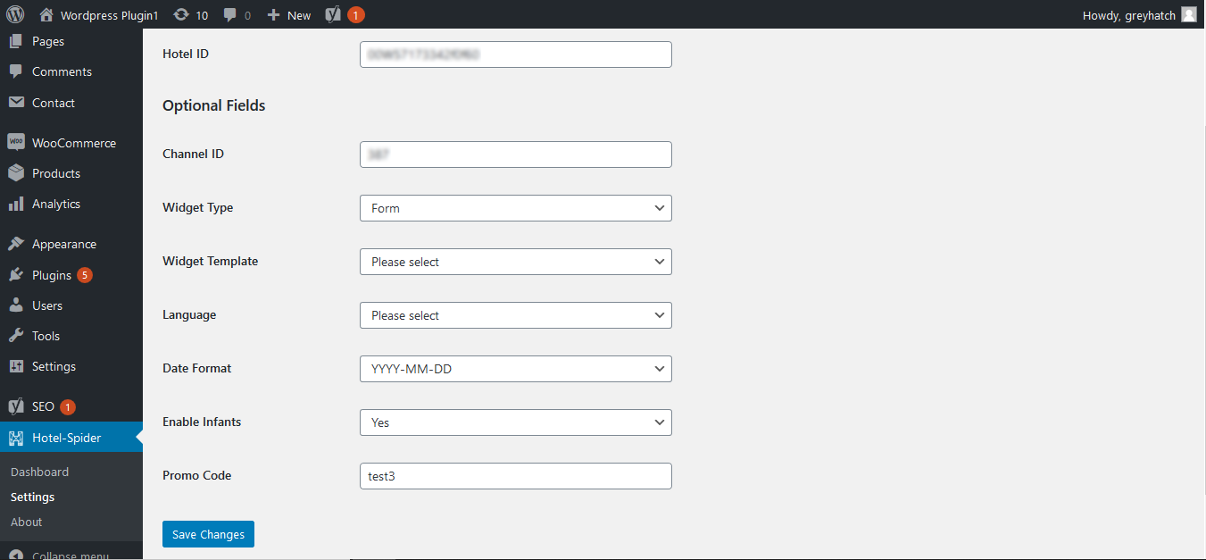 The plugin configuration page. Here you can configure all the setting for your plugin. You must enter your Hotel ID in order to work this plugin