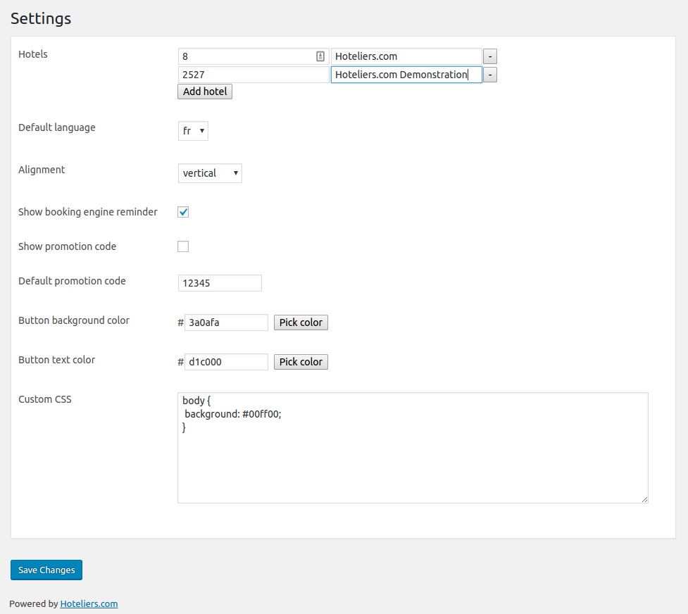 Admin settings panel