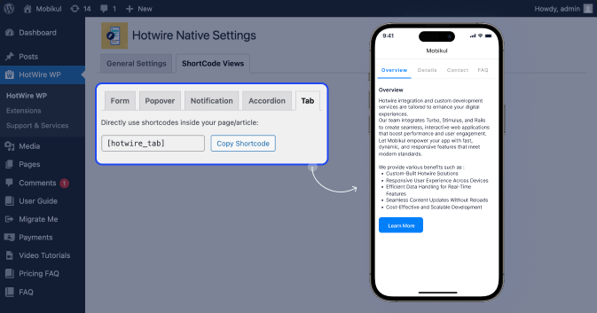 **Tab Navigation with Hotwire:** - A screenshot of tabbed navigation, enhanced with Hotwire