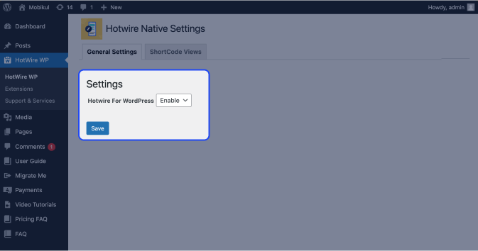 **Enabling Hotwire:** - An option for activate Hotwire Turbo into WordPress.