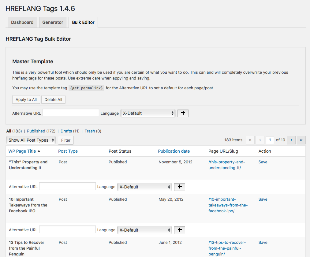Bulk Editor (Pro feature, upgrade easily from plugins settings page)