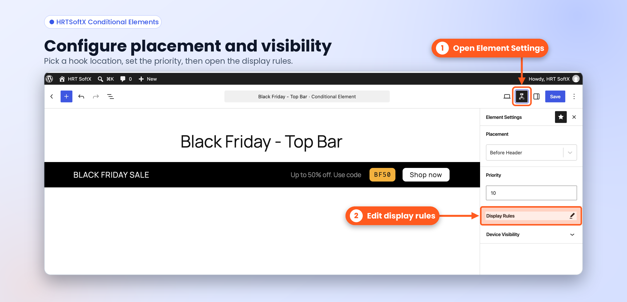 Element Settings sidebar: choose placement, set priority and open display rules.