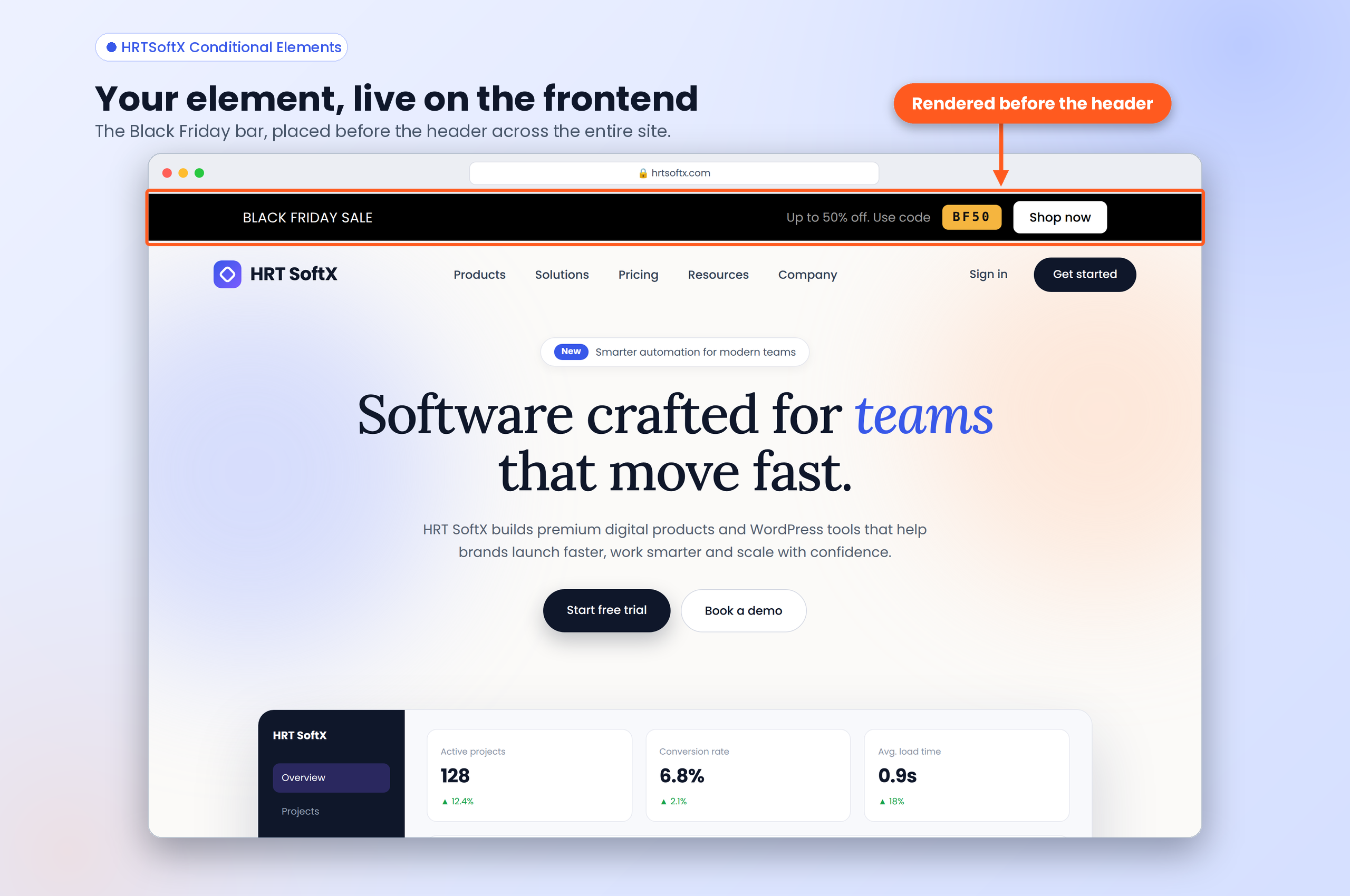 Frontend example: a Black Friday top bar rendered before the header.