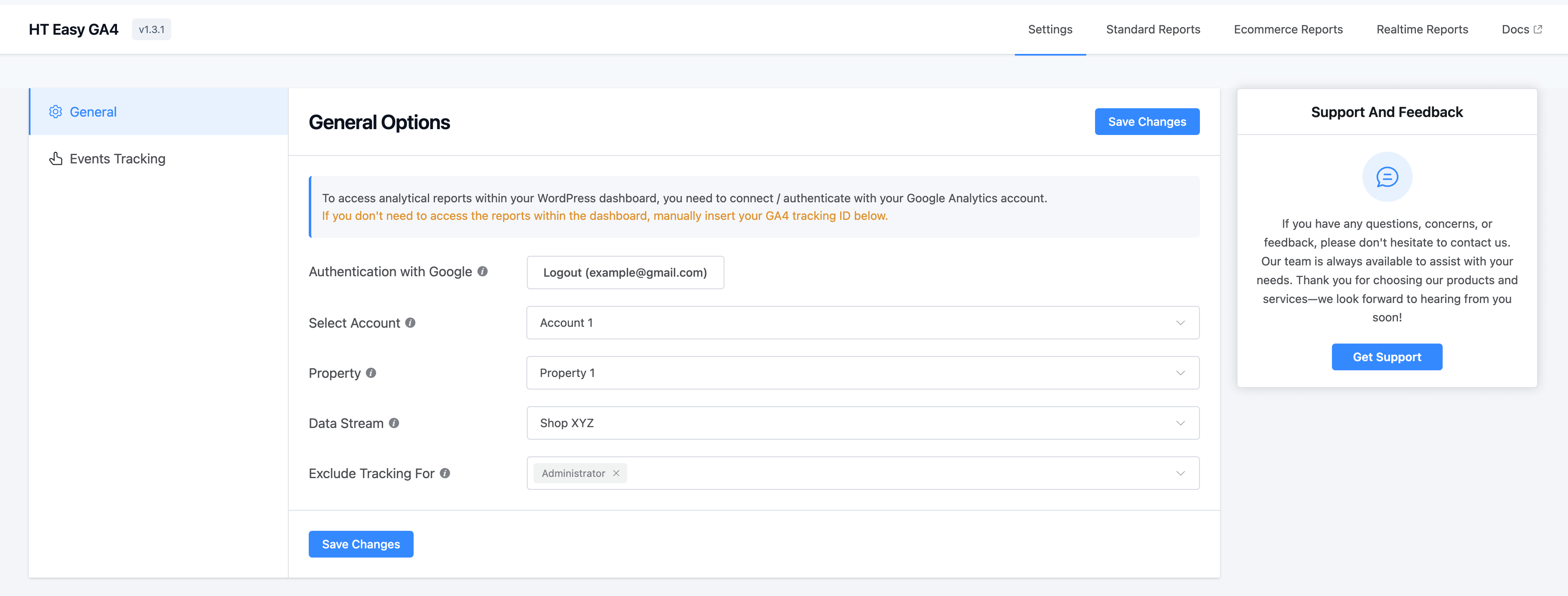Dashboard Settings Panel with Option to Login with Google