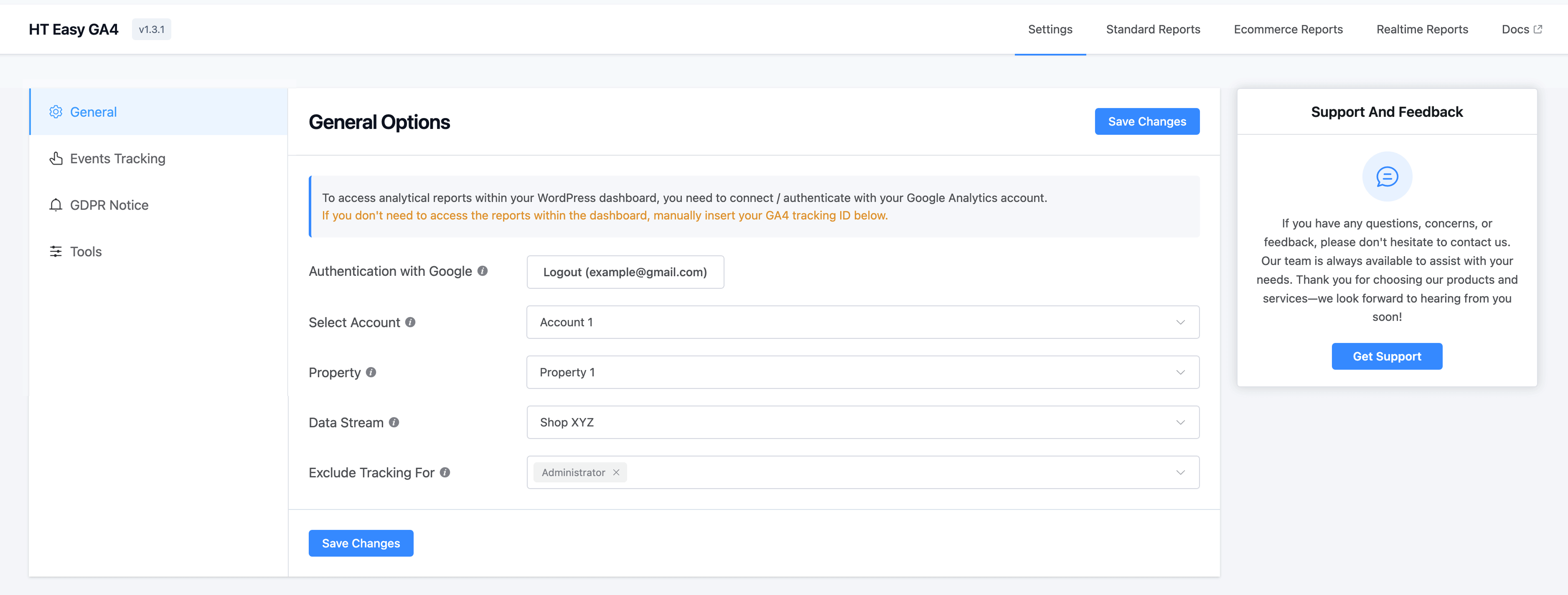 Dashboard Settings Panel with Option to Login with Google