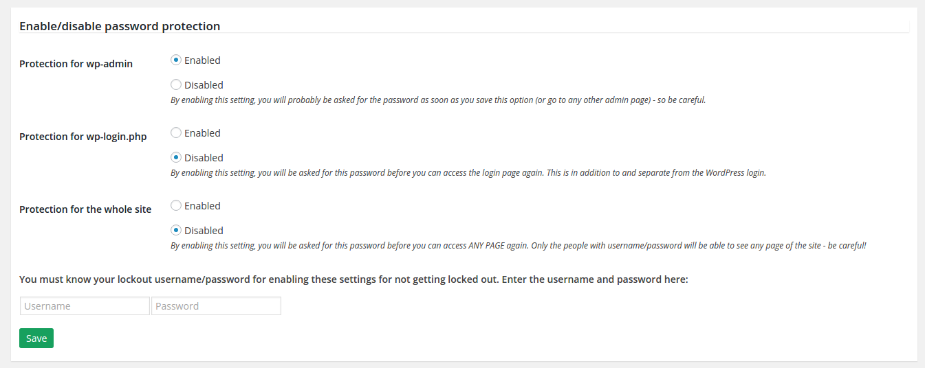 Screenshot of the enabling/disabling password protection configuration