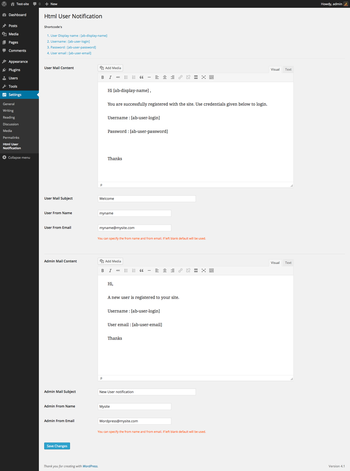 Settings page.