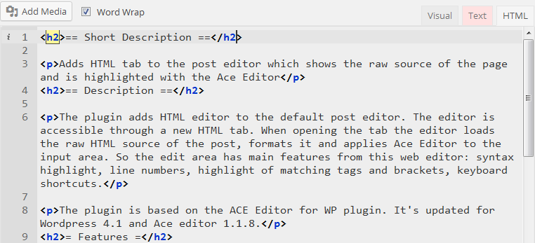 HTML view of the post, line highlight and matching tag highlight