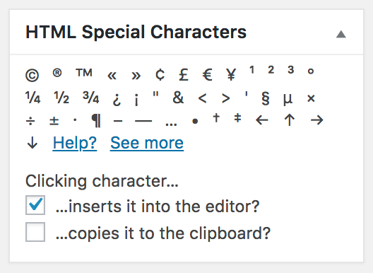 A screenshot of the HTML Special Characters admin widget in its default state