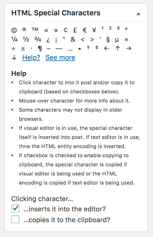 A screenshot of the HTML Special Characters admin widget after "Help?" is clicked