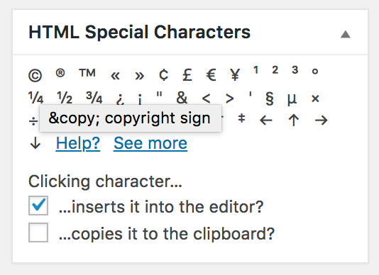 A screenshot of the HTML Special Characters admin widget when the mouse is hovering over one of the special characters. (The screen capture omits the mouse pointer.) The hover text that appears shows the HTML entity encoding for the character as well as the name of the character