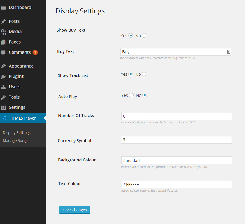 The display settings screen in WP-Admin