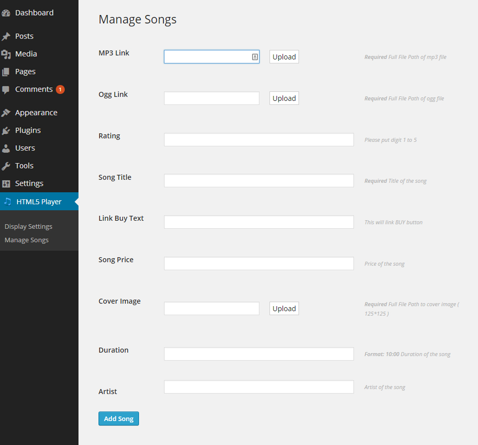 The add songs screen in WP-Admin