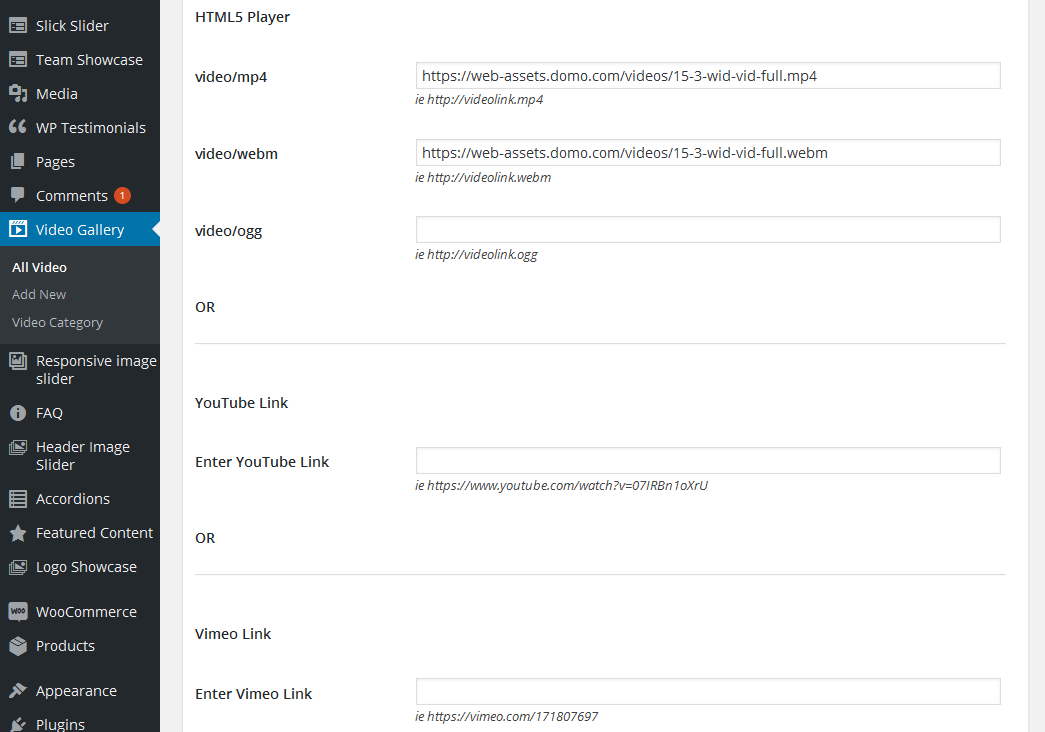 Meta boxes for adding video link