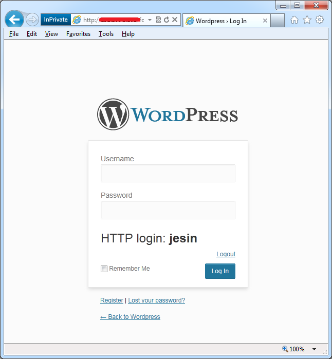 The WordPress login page with the HTTP username
